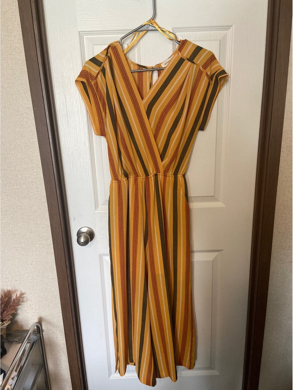 Monteau Los Angeles Striped Jumpsuit with Belt in Mustard and Multi Colors